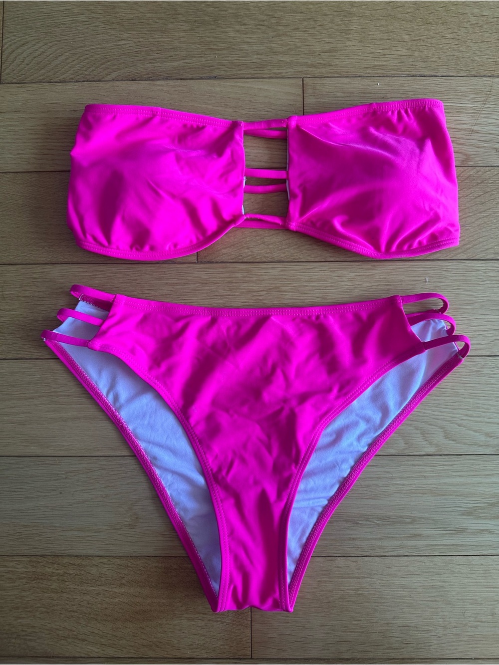 Fashion Nova Neon Pink Strappy Bandeau Bikini Set